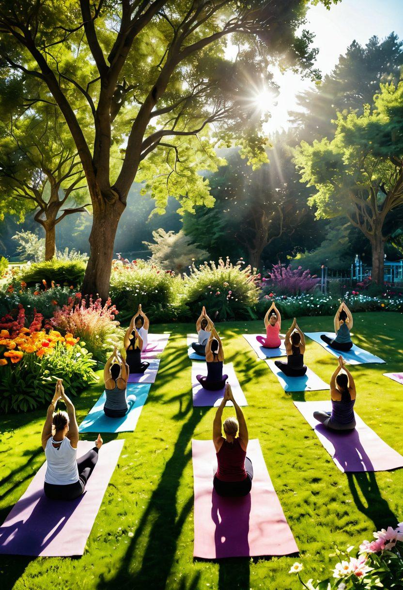 A serene landscape featuring a diverse group of people practicing yoga in a sunlit park, surrounded by vibrant flowers and greenery, embodying strength and unity. Include elements like healthy food displays in the background and sunlight filtering through trees, symbolizing hope and vitality. super-realistic. vibrant colors. peaceful atmosphere.