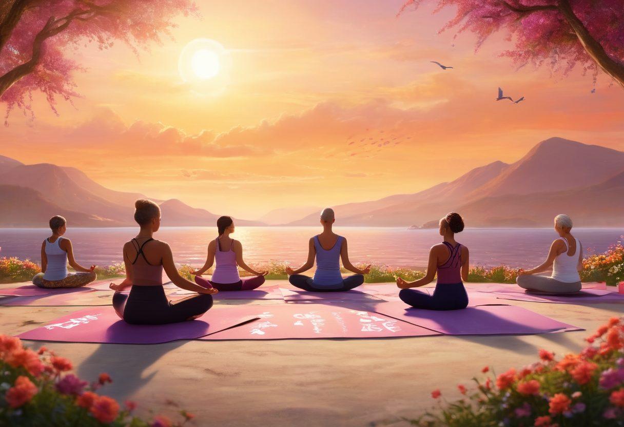 A serene and uplifting scene depicting a diverse group of individuals sharing their cancer journey, surrounded by symbols of hope like ribbons and blooming flowers. Include elements of wellness such as yoga mats, healthy food, and a calming sunset in the background. The image should convey strength, community, and positivity in the fight against cancer. super-realistic. vibrant colors. warm tones.