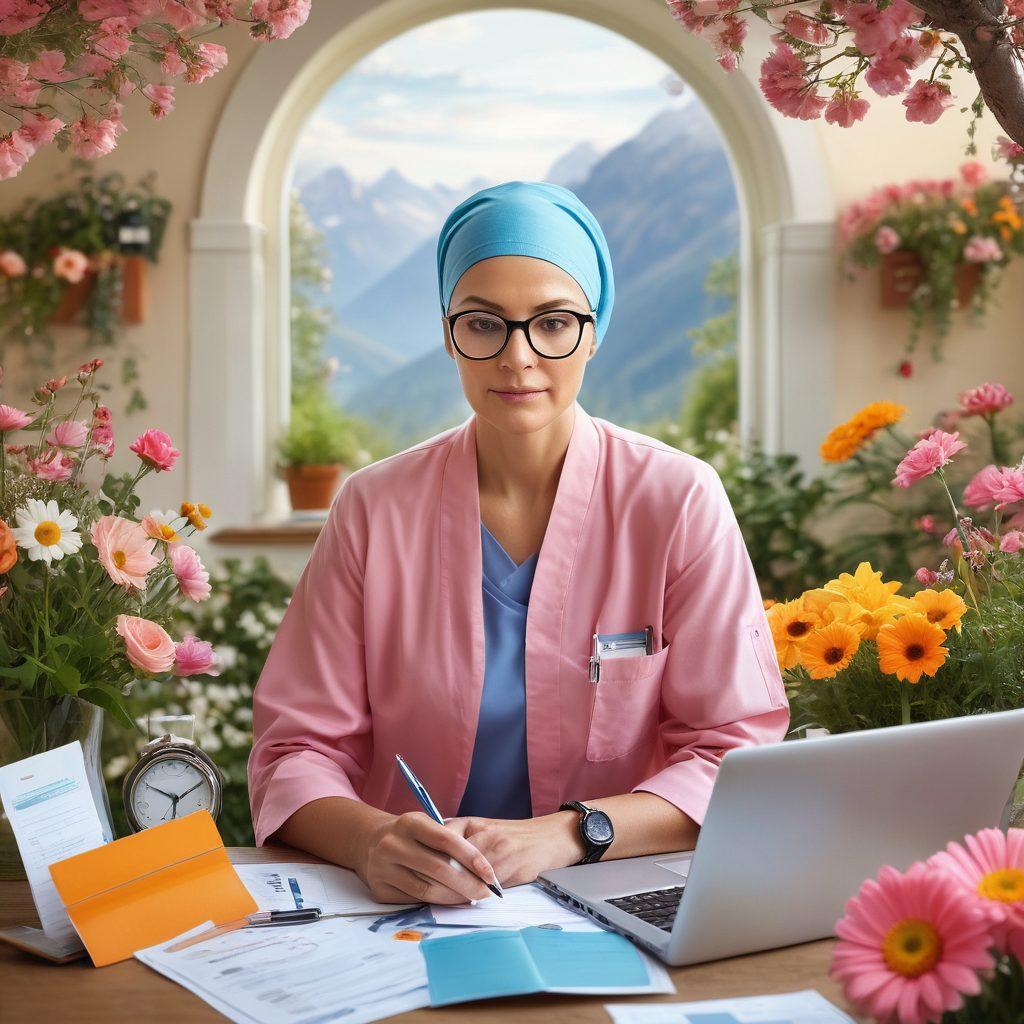 A hopeful representation of a cancer patient with a supportive caregiver, surrounded by symbols of early detection like magnifying glasses and medical checklists. The background features a serene landscape of blooming flowers signifying growth and hope, while informative resources like brochures and a laptop display research papers. The colors should evoke feelings of warmth and optimism. super-realistic. vibrant colors. soft focus.